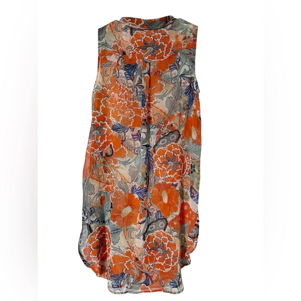 Peter Nygard Orange and Blue‎ Floral Tunic Dress Sz 14 semi-sheer, sleeveless